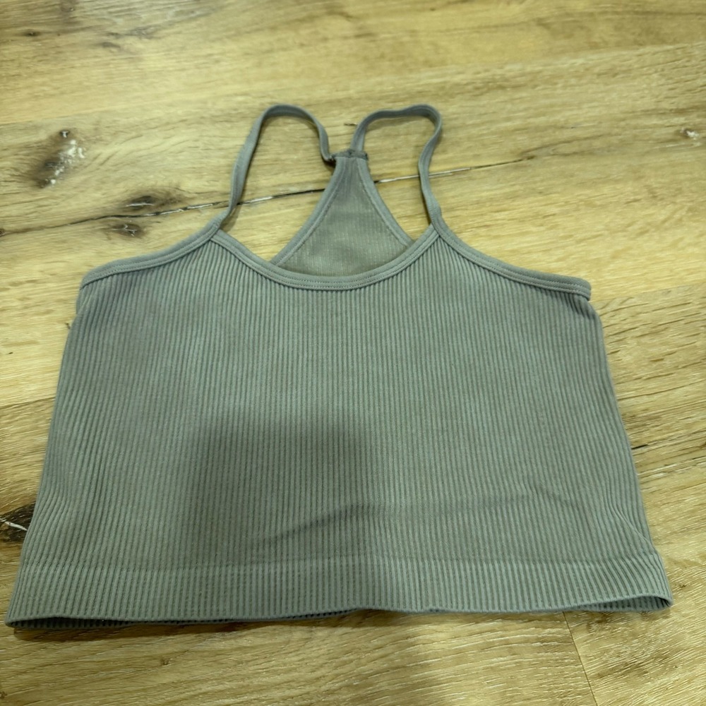 Seamless Ribbed Racerback Crop Tank Top Muted Green Grey Medium Workout Camisole